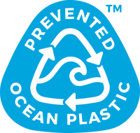 Prevented Ocean Plastic blue triangle logo.