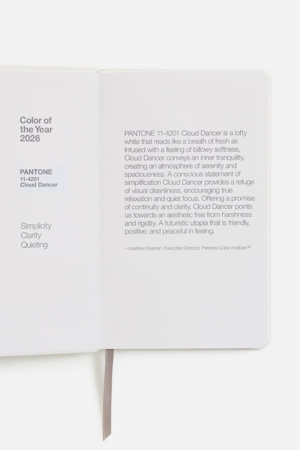 Pantone's Colour of the Year 2026 Cloud Dancer notebook and brand story.
