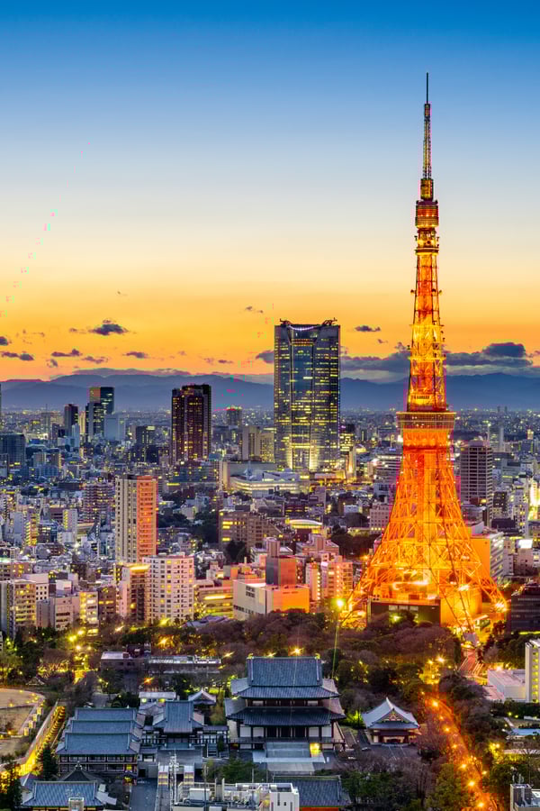 The Tokyo skyline with Tokyo tower lit up.
