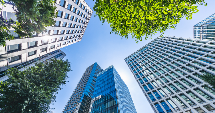 A photo taken from below several glass office buildings surrounded by trees. 