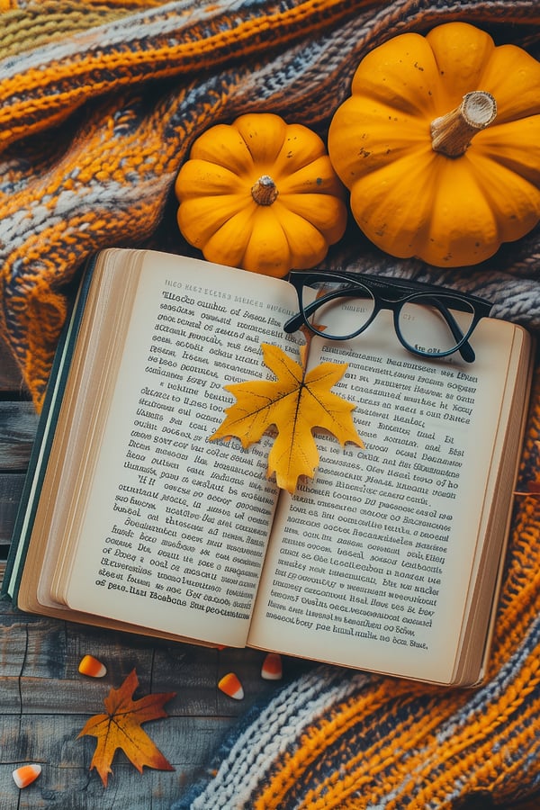 A book lying open on an autumnal blanket surrounded by autumnal leaves and pumpkins.
