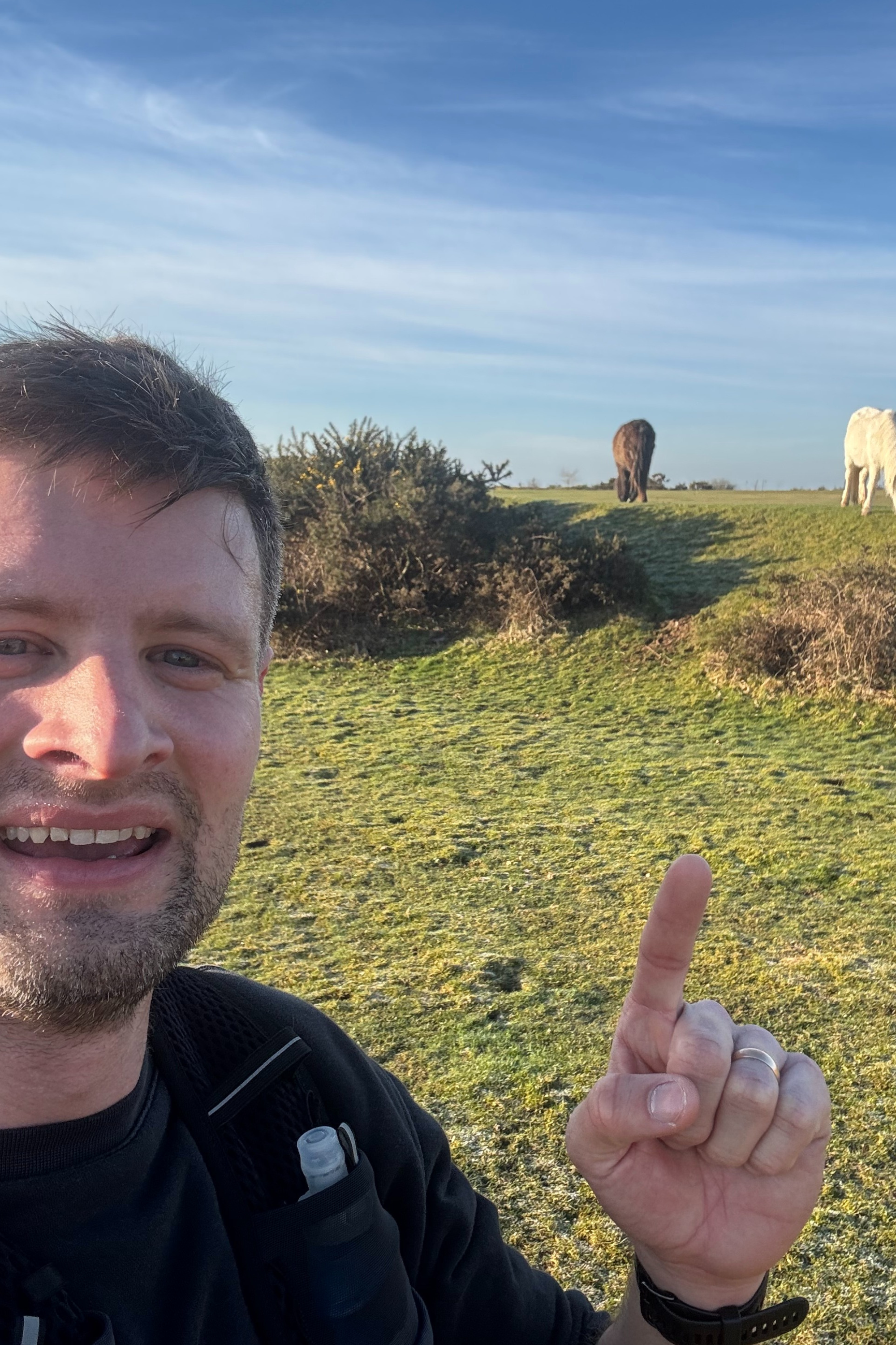 A photo of Aaron in his running gear in a field pointing at two horses behind him. 