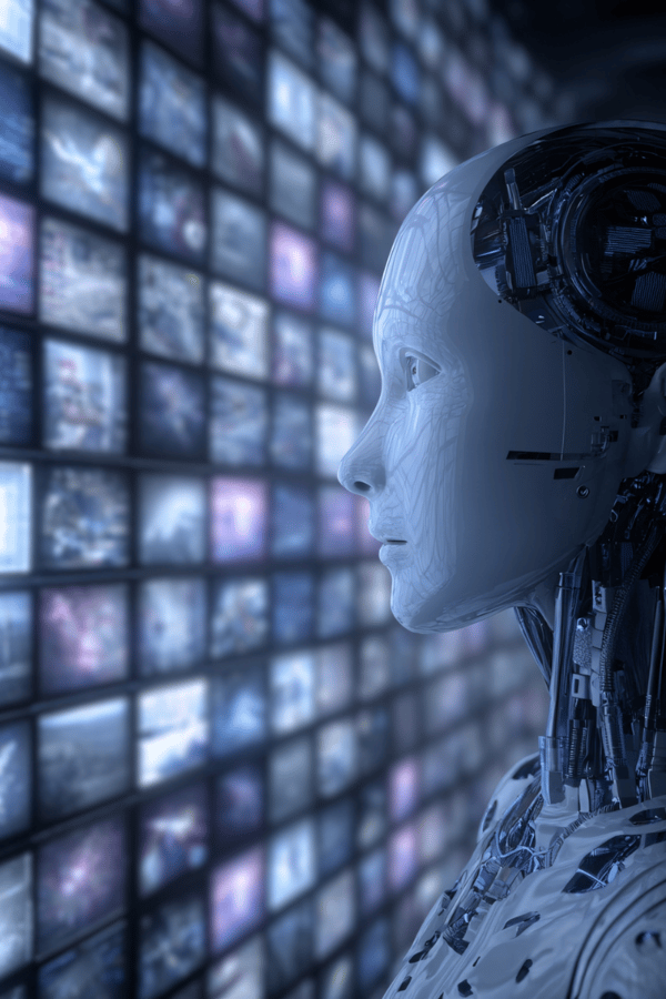 An AI robot stares at multiple screens depicting scenes of normal human life. 