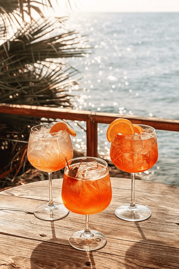 Three glasses of Aperol sprtiz sit on a table near the sea at sunset. 