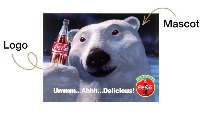 Logo vs Mascot example of Coca Cola's logo vs their mascot, the Coca-Cola polar bear.
