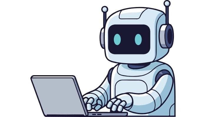 A robot mascot using a laptop.