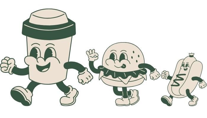 Three nostalgic-looking mascots - x1 coffee cup, x1 burger and x1 hotdog.  