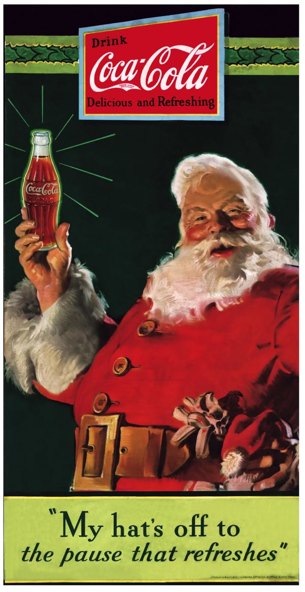 One of the first Coca-Cola ads featuring Santa in his red coat. 