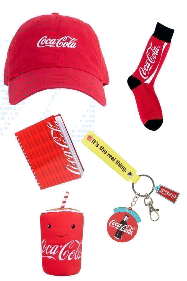 A collection of modern day Coca-Cola branded merchandise. 