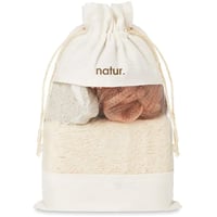 Bath set including sponge, stone and puff presented in jute bag.
