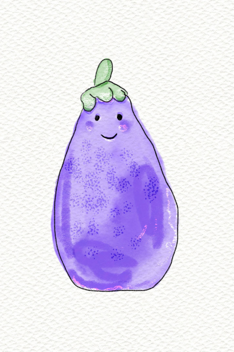 An illustration drawing doodle watercolour of a Jellycat Amusable Aubergine. 