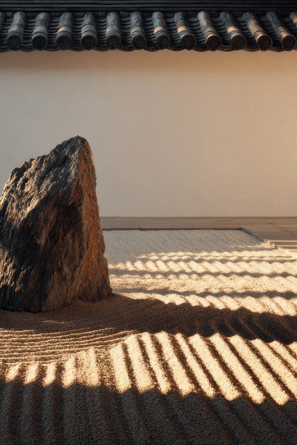 A close-up of a Japanese dry landscape garden that promotes zen and crafted harmony. 