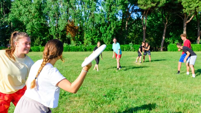 A group of friends playing ultimate frisbee in the summer.