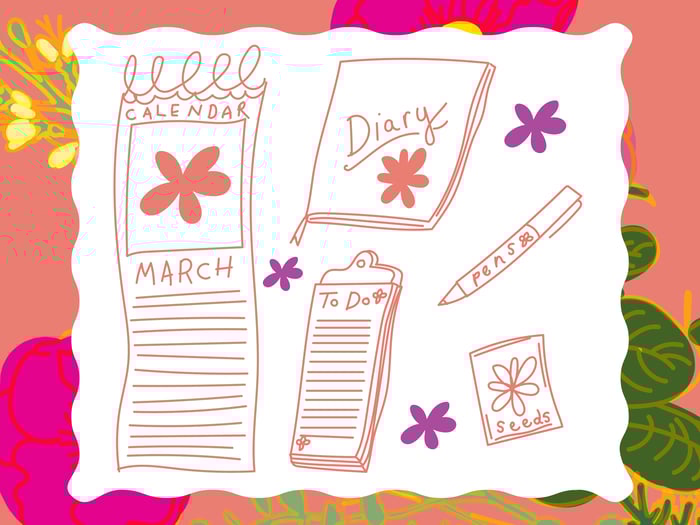 Spring Merch Packs doodle including to-do lists and calendars.