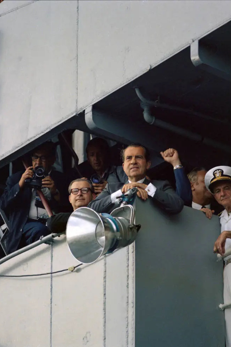 President Nixon aboard the U.S.S. Hornet waiting to greet the returning Apollo 11 crew.
