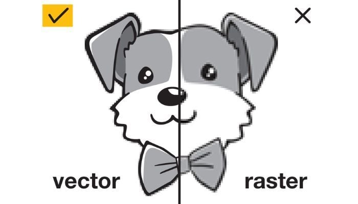 An illustration of a dog showing what vector vs raster images look like