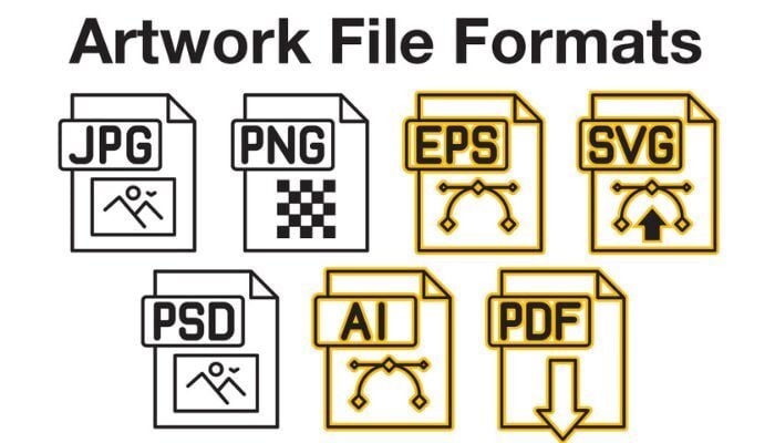 A diagram showing the different artwork files (JPG, PNG, EPS, SVG, PSD, AI, PDF)