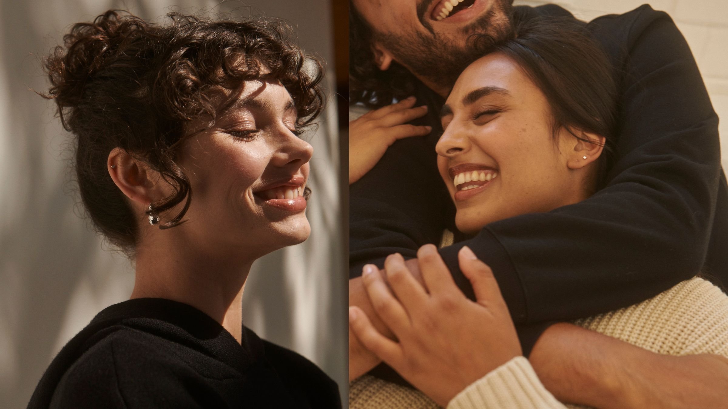 A single woman basking in the sunlight, anticipating her first Hinge date, and then a successful Hinge couple smiling and hugging.