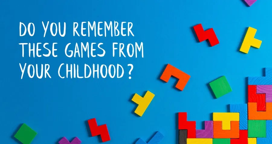 Background of wooden Tetris blocks with the heading: Do you remember these games from your childhood?