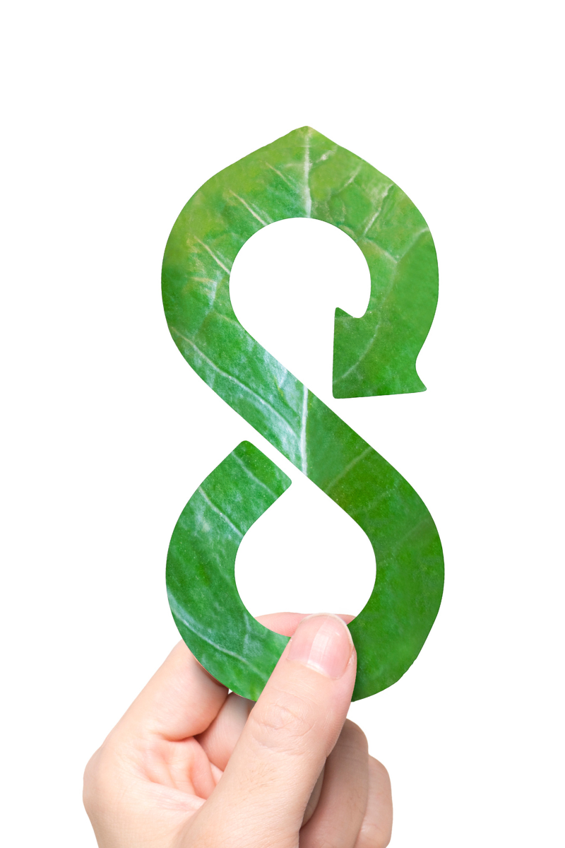 The sustainability business trend of a circular economy model depicted by a leaf cut into the infinity sign. 