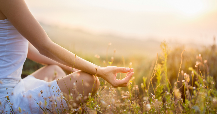 Someone meditating in a field for wellness.