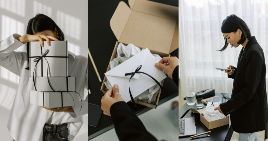 A trio of images of an influencer unboxing a PR package.