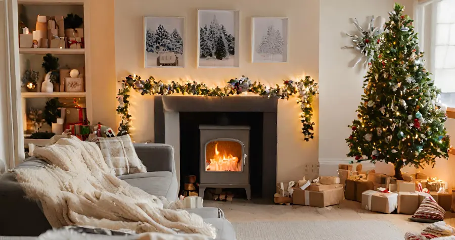 Cosy living room with a fireplace and Christmas decorations.